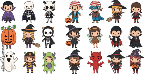 Halloween Costume Icon Set with Children in Vampire, Witch, Skeleton, Pirate, and Other Fun Outfits in Flat Vector Style