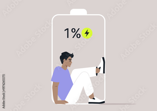 A character representing low energy status sits inside a large battery outline, They appear tired and overwhelmed, symbolizing the burnout and life's demands