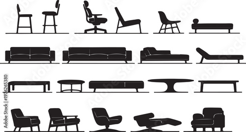 CAD Drawings modern furniture in section view silhouette, including various chairs, sofas, tables, and armchairs vector illustration