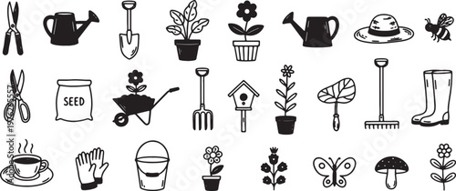 Gardening tools and plants icons set for design