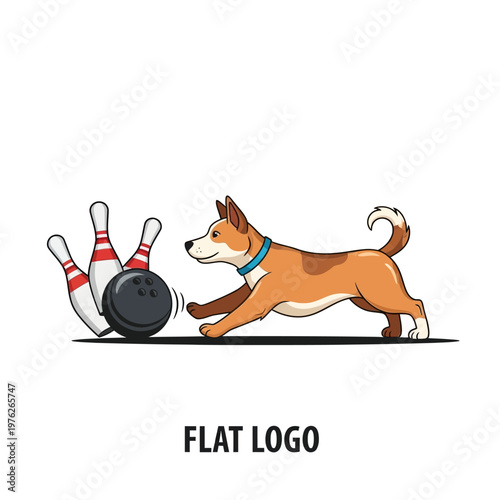 Dog playing bowling game with pins and ball.