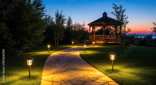 Wallpaper Mural Winding stone path lit by warm solar bollard lights leading to glowing wooden gazebo at twilight with manicured lawn and trees Torontodigital.ca