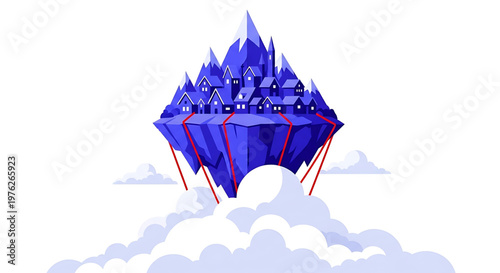 A vibrant blue floating island with houses and red supports above fluffy white clouds in a minimalist vector illustration