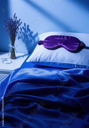 Wallpaper Mural Silk sleep mask satin bedding lavender sprig blue moonlight white pillow silk sheet purple sleep mask bedside table Torontodigital.ca