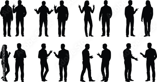 People silhouettes set showing casual conversation and discussion between individuals, social interaction and communication concept, human figures isolated on white background for design use