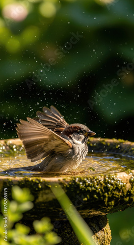 Wallpaper Mural Sparrow bath birdbath water splash garden sunlight wings dripping feather small bird enjoying refreshing bath Torontodigital.ca