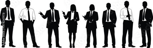 Business professionals silhouettes set including men and woman in formal attire, corporate team standing with confident poses, workplace leadership and communication concept isolated on white 