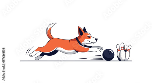 Energetic dog playing bowling with ball and pins.