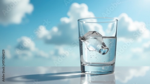 A clear glass filled with cold water and ice cubes, perfect for hot summer days or as a refreshing drink anytime