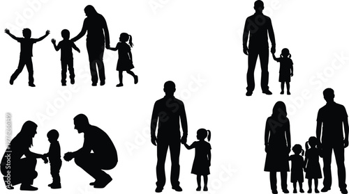 Family silhouettes set showing parents and children together, parenting moments, love, care and bonding, happy family interactions isolated on white background for creative design use