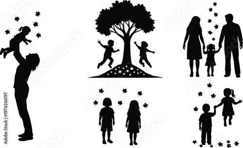 Family silhouettes with parents and children playing outdoors, parenting, love, childhood moments, happy family activities, bonding scenes isolated on white background for design and creative projects
