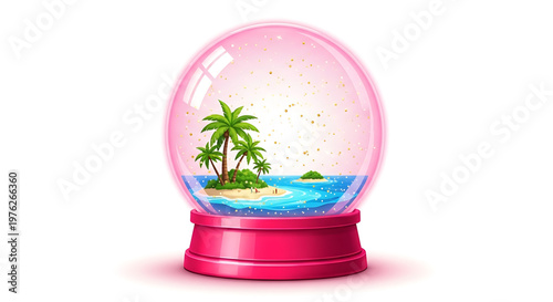 A colorful illustration of a tropical island inside a pink snow globe with palm trees and blue water