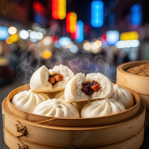 Wallpaper Mural Steamed bao bun with savory pork filling in bamboo basket at night market under colorful neon lights, warm aromatic street food scene Torontodigital.ca