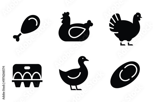 A set of black and white icons depicting various poultry products