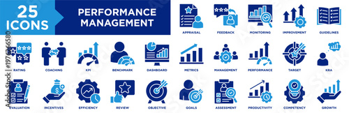 Performance Management Icon Set Collection. Icon Pack Contain Appraisal, Assessment, Benchmark, Coaching, Competency, Feedback, Monitoring, Improvement, Guidelines, Metrics