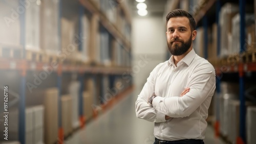 Bearded businessman in white shirt standing confidently in a warehouse aisle