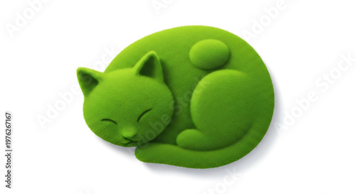 A green cartoon cat sleeping peacefully on a white background