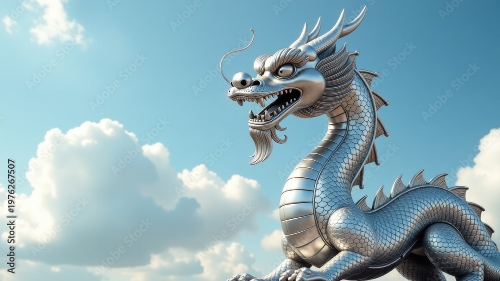 Fototapeta premium A large silver dragon statue stands out against the cloudy blue sky