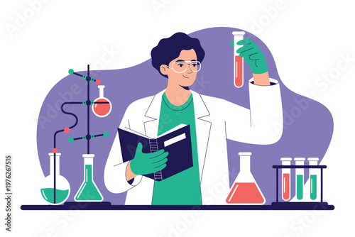 A scientist in a lab coat working with colorful chemicals