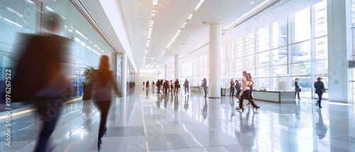 Wide angle shot of customers moving inside a modern bank branch, showing daily financial activity, service flow, corporate banking environment and professional customer interaction.