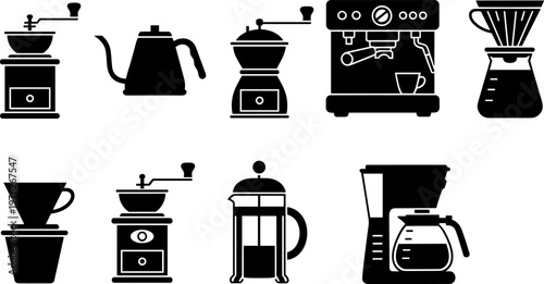Coffee equipment silhouette icons, black and white brewing tools vector, espresso machine, French press, pour-over maker, grinder, kettle, drip coffee design