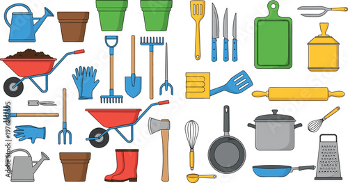 Gardening and Kitchen Tools Collection with Wheelbarrow, Pots, Gloves, Cookware, and Household Equipment for Home, Farm, and Utility Designs