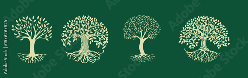 A collection of creative tree logos for branding, icons of natural concepts