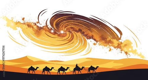 A vector graphic illustration of a caravan of camels walking through a desert landscape with a swirling dust storm in the background.