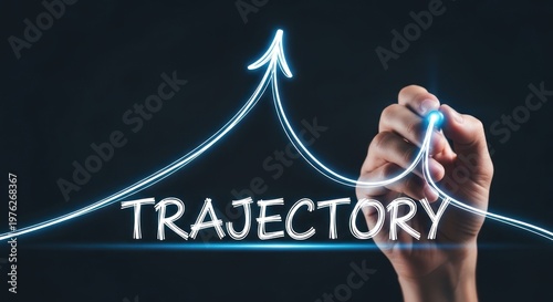 Hand drawing glowing blue arrow pointing upwards with word trajectory, for business growth, financial success, strategic planning, positive upward professional direction
