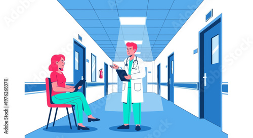Medical consultation, doctor patient discussion, hospital corridor scene, healthcare vector illustration