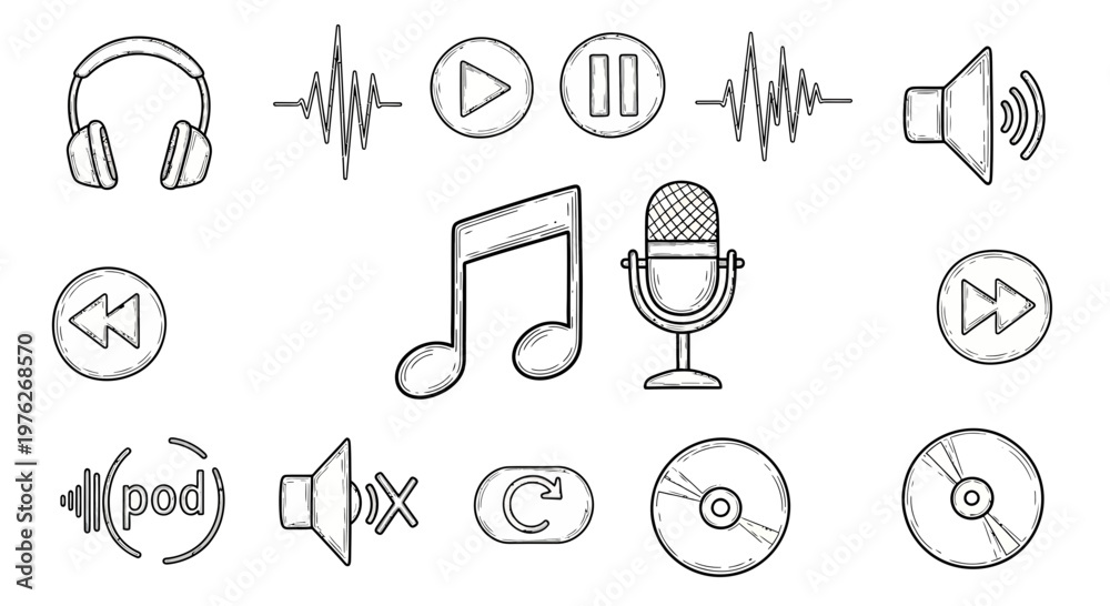 Fototapeta premium Collection of Hand Drawn Music and Audio Icons and Symbols.
