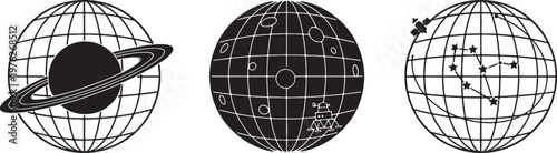 Three globes with different astronomical features