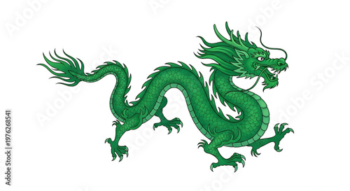 A vibrant green dragon illustration in a dynamic pose, symbolizing power and mythology