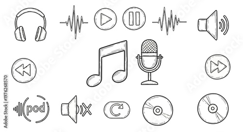 Collection of Hand Drawn Music and Audio Icons and Symbols.
