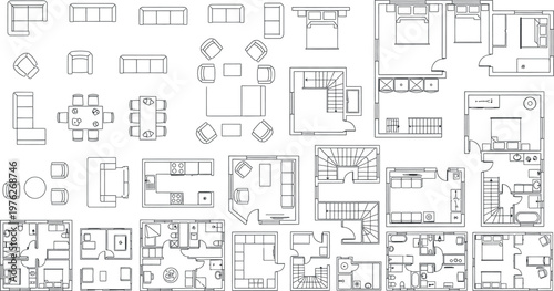 Title architectural floor plans collection isolated on transparent background detailed building layouts and interior designs description a seamless pattern of various architectural floor