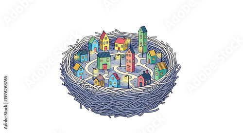 A colorful illustration of a small town nestled in a bird's nest, symbolizing community and home