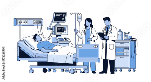 Medical professionals attending patient in hospital bed, healthcare workers in white coats, blue tone vector illustration
