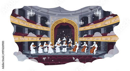 A minimalist vector illustration of an orchestra performing on a stage in a grand theater with a white background