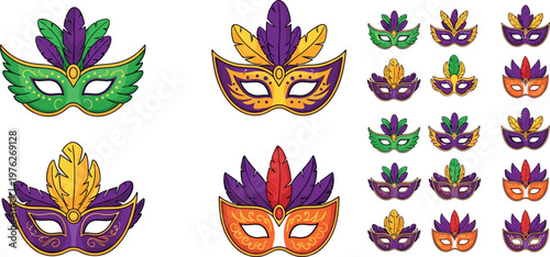 Mardi Gras Mask Icon Set with Colorful Feathered Designs in Purple, Green, and Orange in Flat Vector Style