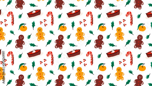 Seamless Christmas food pattern in retro groovy cartoon style. Repeating festive elements including turkey, wine, gingerbread cookies, pies, candy canes and hot cocoa. 