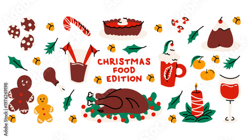 Christmas food sticker set in retro groovy cartoon style. Holiday dishes, turkey, wine, gingerbread cookies, pie, candy canes, hot cocoa and festive treats. 