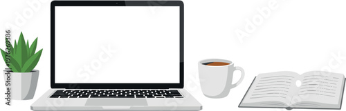 A laptop computer with a cup of coffee and a book on transparent background