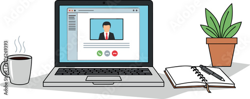 A cartoon laptop with a video call on the screen next to a cup of coffee and a plant on transparent background