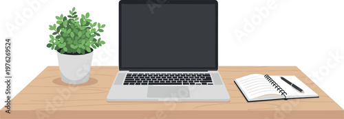 A minimalist workspace with a laptop and plant on transparent background