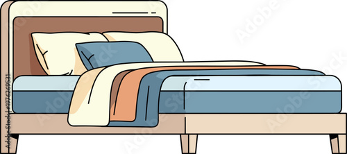 A cartoon illustration of a bed with a blue mattress and brown headboard on transparent background