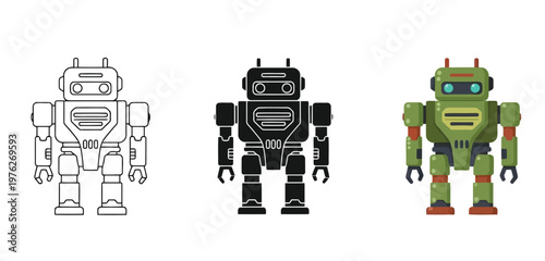 Set of cute retro robots in different styles, outline, silhouette and flat vector illustration