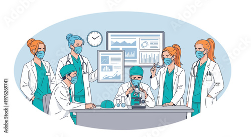 Medical professionals, laboratory setting, scientists working, healthcare team, vector illustration