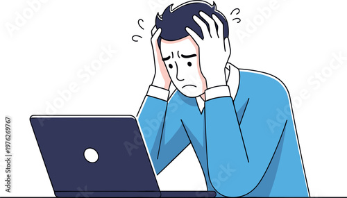 A stressed man sitting at a laptop on transparent background