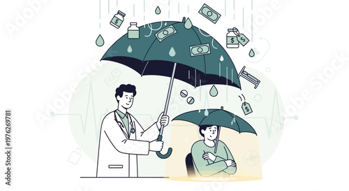Financial protection, insurance concept, businessman shielding colleague from falling money rain, green umbrellas, money security