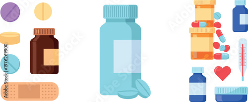 Medical and Pharmacy Illustration Set with Medicine Bottles, Pills, Capsules, Thermometer, and First Aid Elements for Healthcare and Treatment Concepts